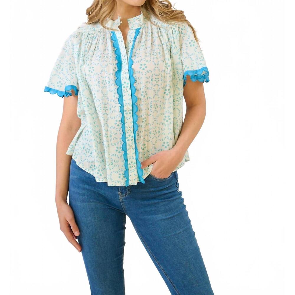 NEW BROOKS AVENUE parham button front blouse in periwinkle